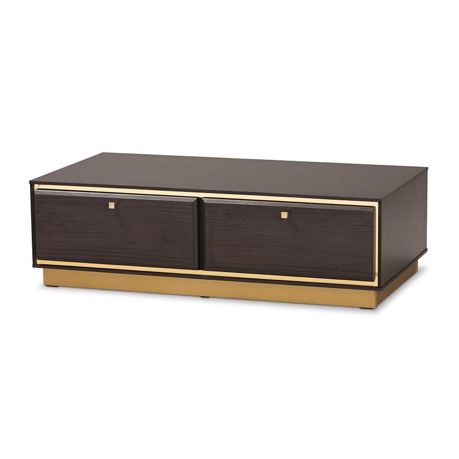 Transitional Dark Brown Finished Wood and Gold Metal 2-Drawer Coffee Table