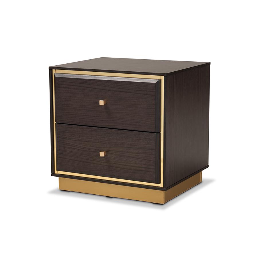 Transitional Dark Brown Finished Wood and Gold Metal 2-Drawer Nightstand