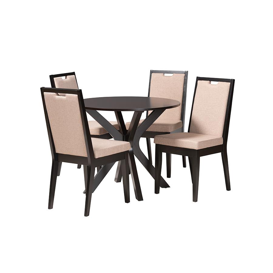 Eira Modern Sand Fabric and Dark Brown Finished Wood 5-Piece Dining Set