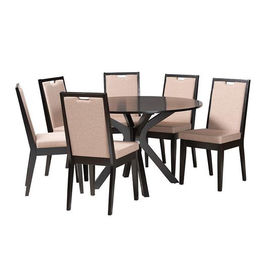 Eira Modern Sand Fabric and Dark Brown Finished Wood 7-Piece Dining Set