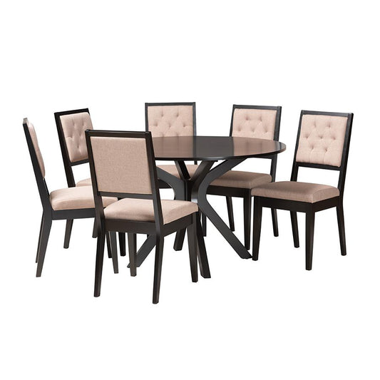 Mana Modern Sand Fabric and Dark Brown Finished Wood 7-Piece Dining Set