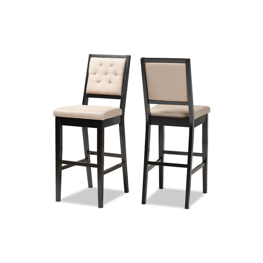 Sand Fabric Upholstered and Dark Brown Finished Wood 2-Piece Bar Stool Set