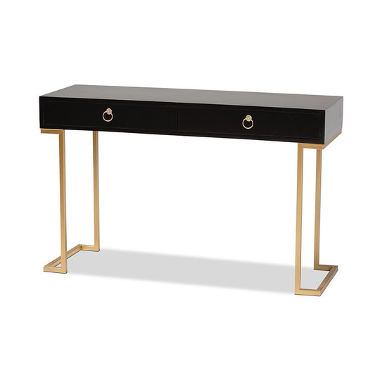 Black Finished Wood and Gold Metal 2-Drawer Console Table