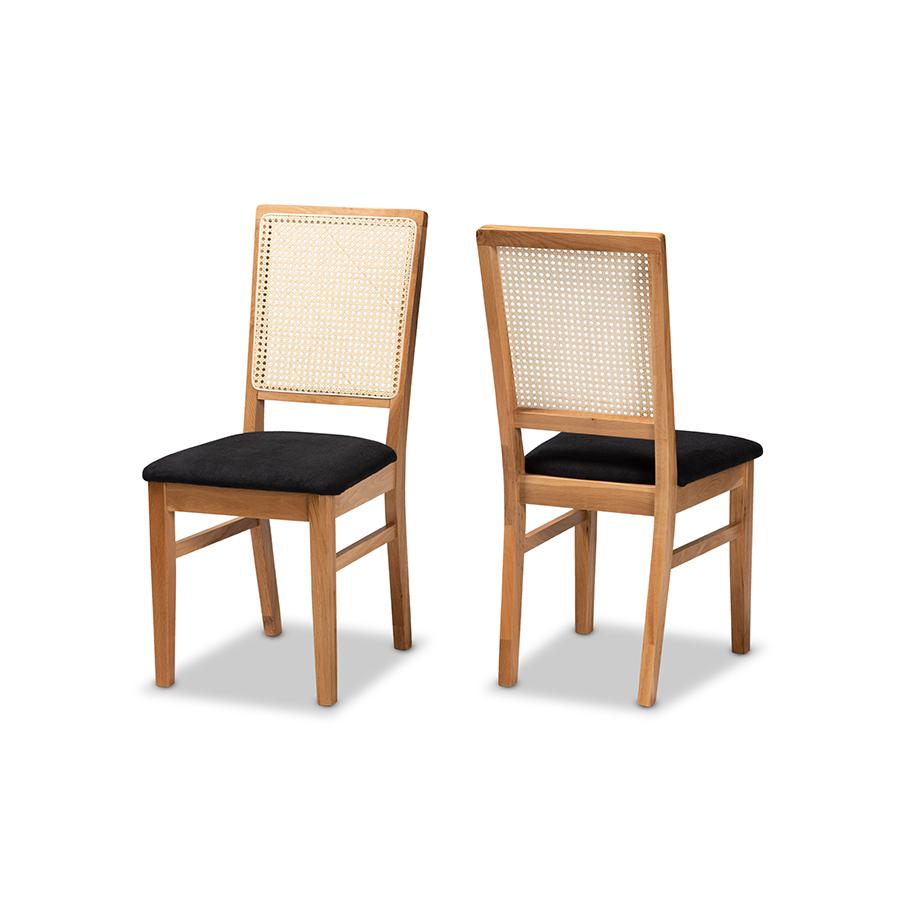 Black Fabric Upholstered and Oak brown Finished 2-Piece Rattan Dining Chair Set