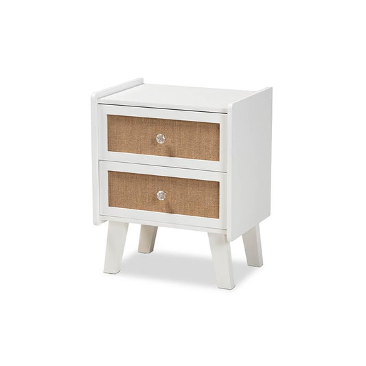 Baxton Studio Balta Mid-Century Modern Transitional Oak Brown Rattan and White Finished Wood 2-Drawer Nightstand