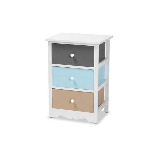 Baxton Studio Kalila Modern and Contemporary White and Multi-Colored Finished Wood 3-Drawer Nightstand