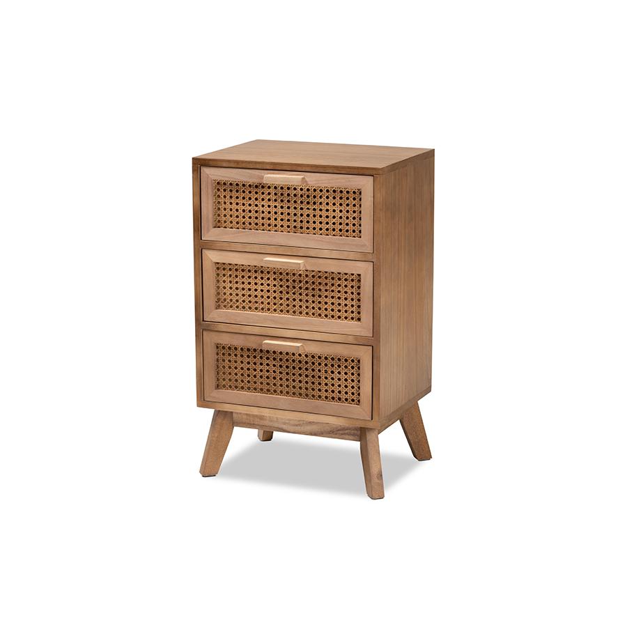 Walnut Brown Finished Wood 3-Drawer End Table with Rattan