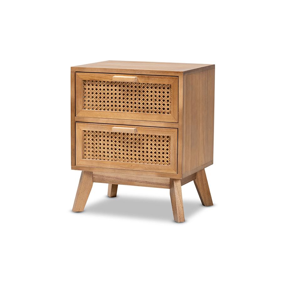 Walnut Brown Finished Wood 2-Drawer End Table with Rattan