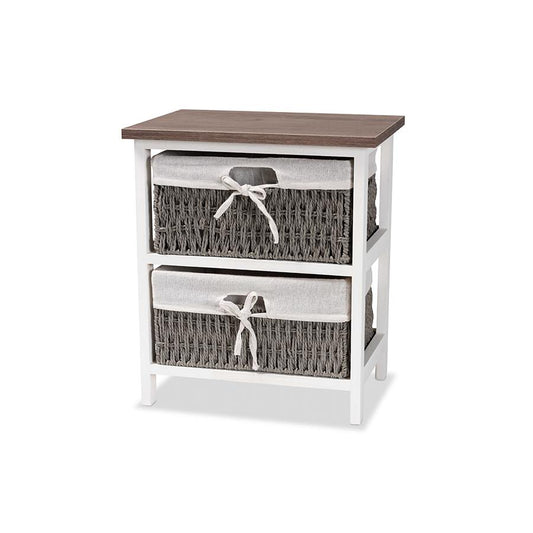 Transitional Two-Tone Walnut Brown and White Finished Wood 2-Basket Storage Unit