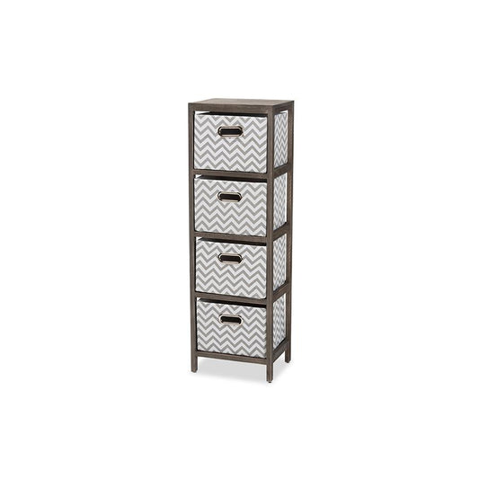 Grey and White Fabric Upholstered Greywashed Wood 4-Basket Tallboy Storage Unit