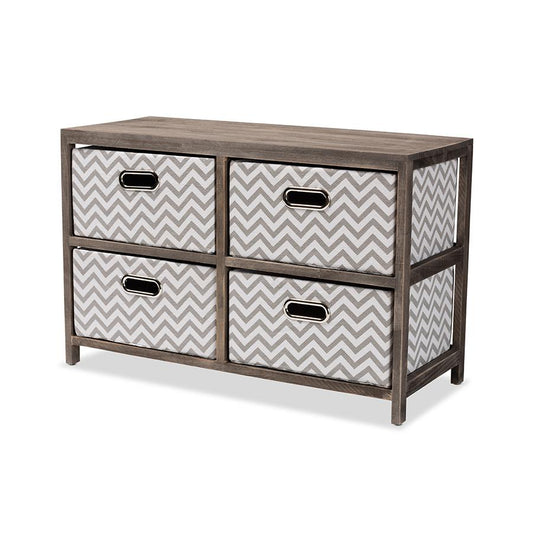 Grey and White Fabric Upholstered Greywashed Wood 4-Basket Storage Unit