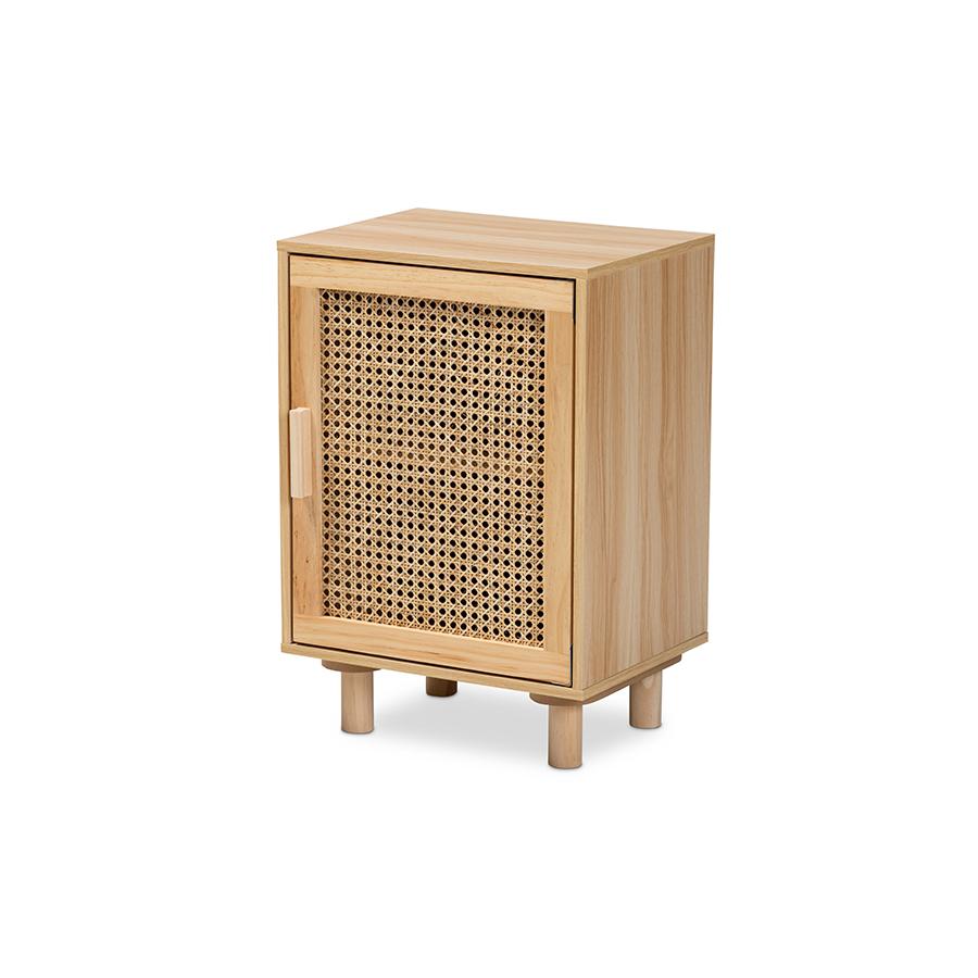 Baxton Studio Maclean Mid-Century Modern Rattan and Natural Brown Finished Wood 1-Door Nightstand