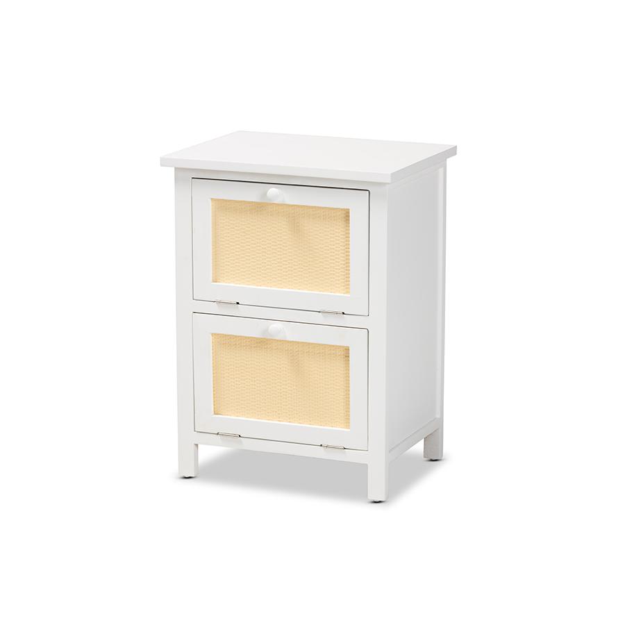 Baxton Studio Sariah Mid-Century Modern White Finished Wood and Rattan 2-Door Nightstand