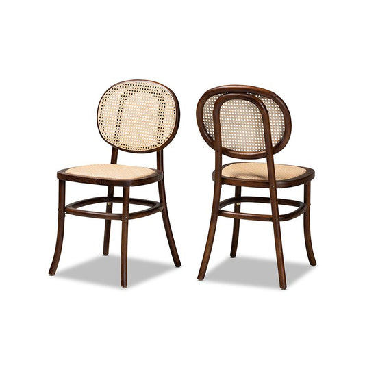 Brown Woven Rattan and Walnut Brown Wood 2-Piece Cane Dining Chair Set