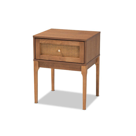 Ash Walnut Finished Wood and Rattan 1-Drawer Nightstand