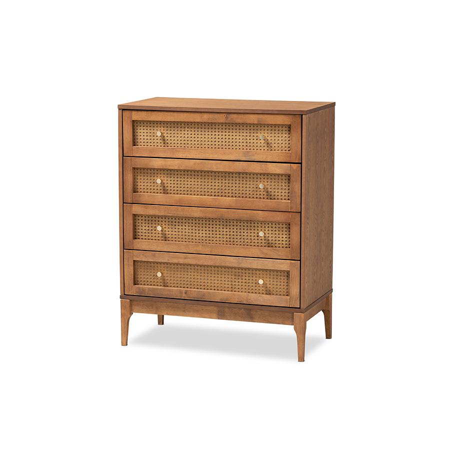 Ramiel Mid-Century Modern Ash Walnut Finished Wood and Rattan 4-Drawer Chest