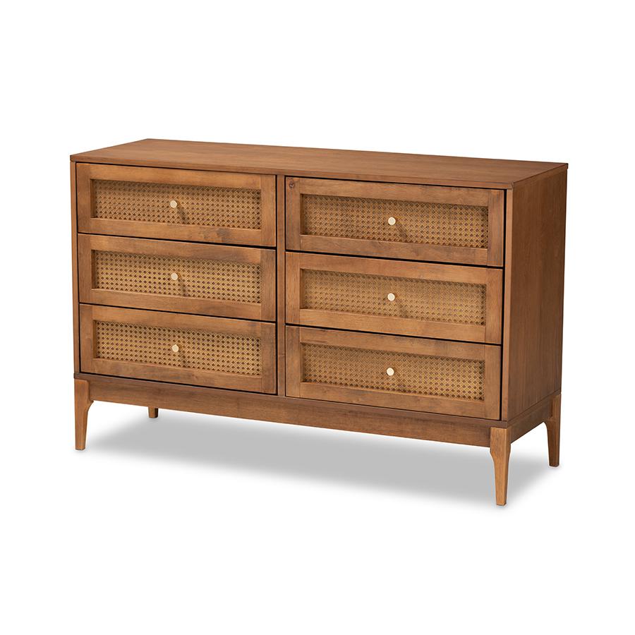 Ramiel Mid-Century Modern Ash Walnut Finished Wood and Rattan 6-Drawer Dresser