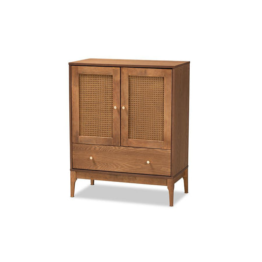 Ramiel Mid-Century Modern Ash Walnut Finished Wood and Rattan 1-Drawer Sideboard