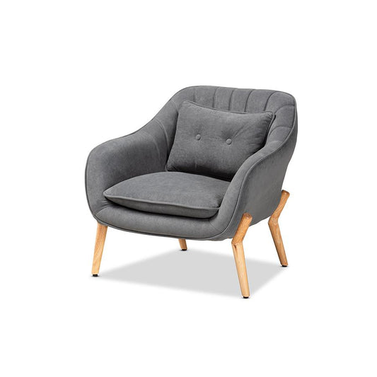 Transitional Grey Velvet Fabric Upholstered and Natural Wood Finished Armchair