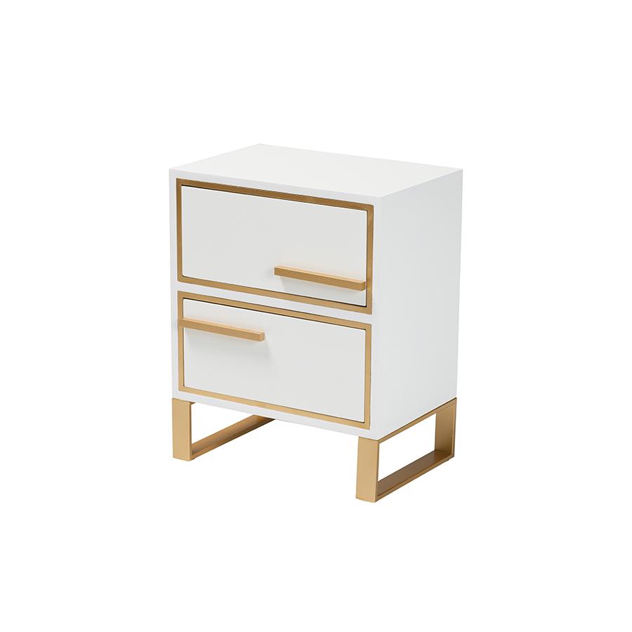 Baxton Studio Giolla Contemporary Glam and Luxe White Finished Wood and Gold Metal 2-Drawer Nightstand