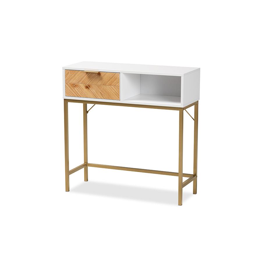 Two-Tone Oak Brown and White Finished Wood and Gold Metal 1-Drawer Console Table