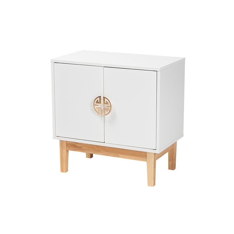 Two-Tone White and Oak Brown Finished Wood and Gold Metal 2-Door Storage Cabinet