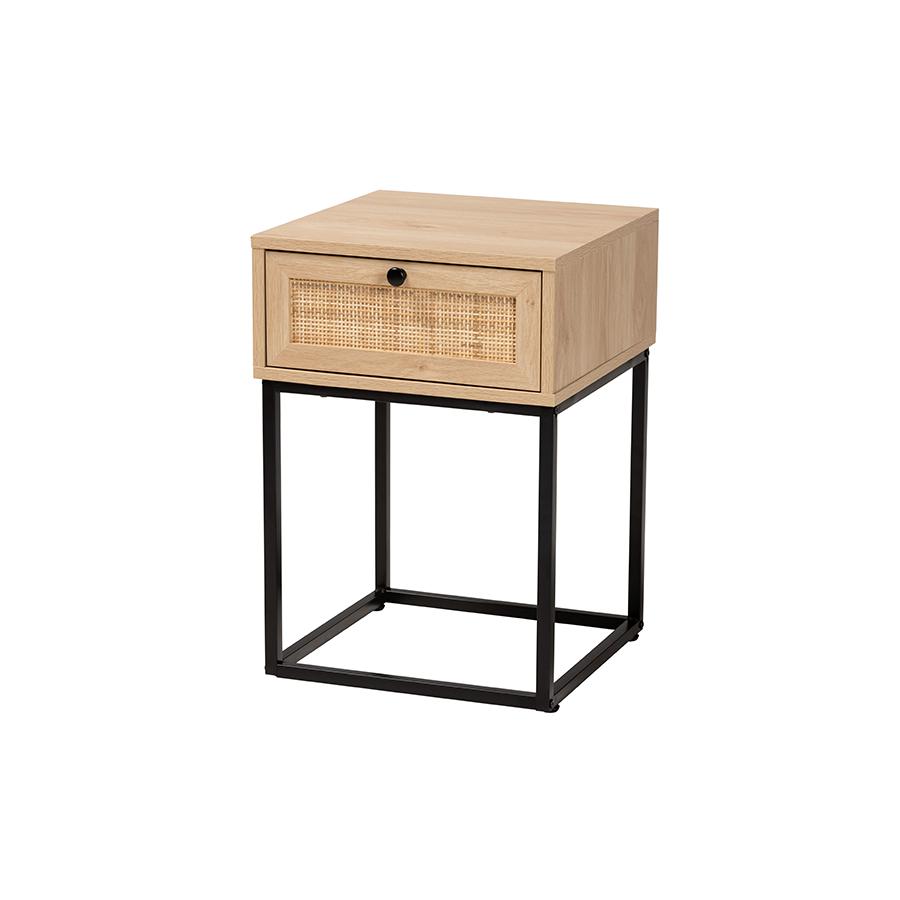 Baxton Studio Amelia Mid-Century Modern Transitional Natural Brown Finished Wood and Natural Rattan 1-Drawer Nightstand