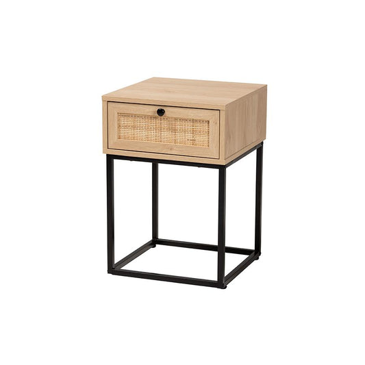 Baxton Studio Amelia Mid-Century Modern Transitional Natural Brown Finished Wood and Natural Rattan 1-Drawer Nightstand