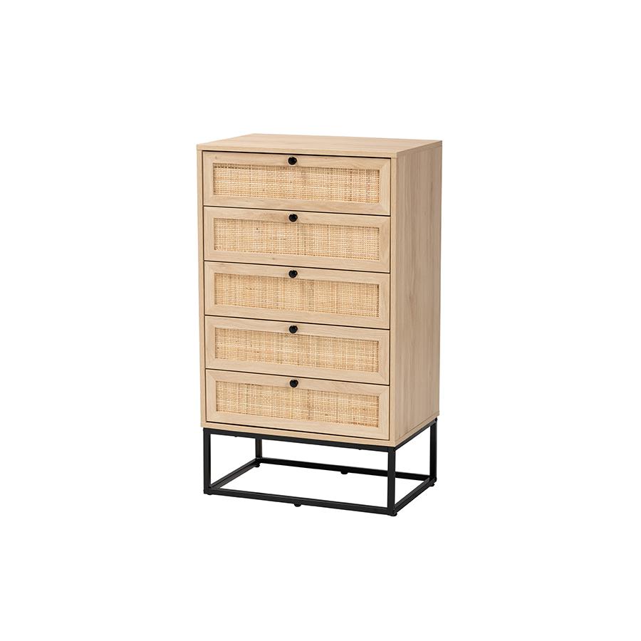 Baxton Studio Amelia Mid-Century Modern Transitional Natural Brown Finished Wood and Natural Rattan 5-Drawer Chest