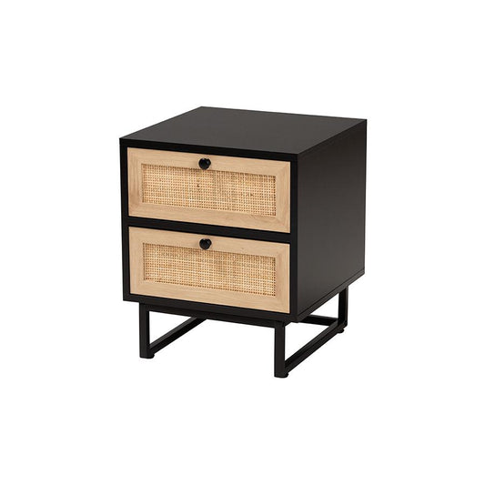 Baxton Studio Declan Mid-Century Modern Espresso Brown Finished Wood and Natural Rattan 2-Drawer Nightstand