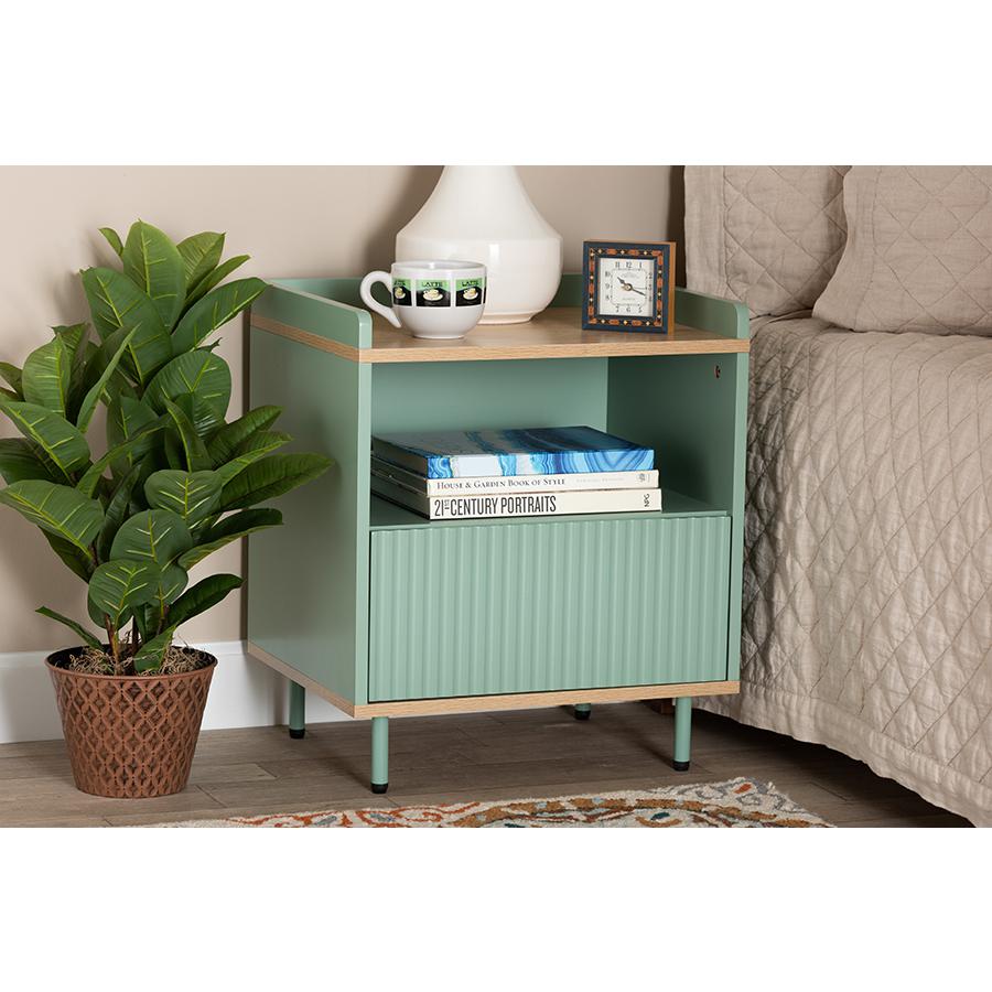 Baxton Studio Tavita Mid-Century Modern Two-Tone Mint Green and Oak Brown Finished Wood 1-Drawer Nightstand