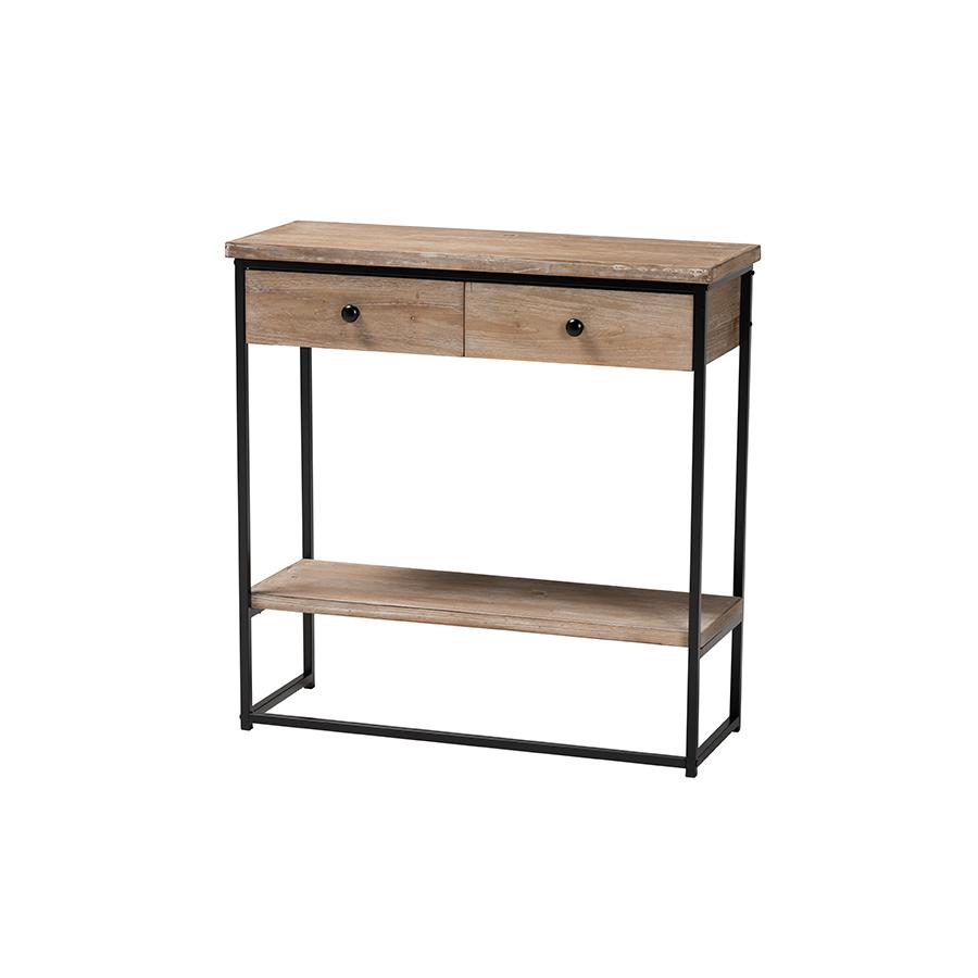 Industrial Natural Brown Finished Wood and Black Metal 2-Drawer Console Table