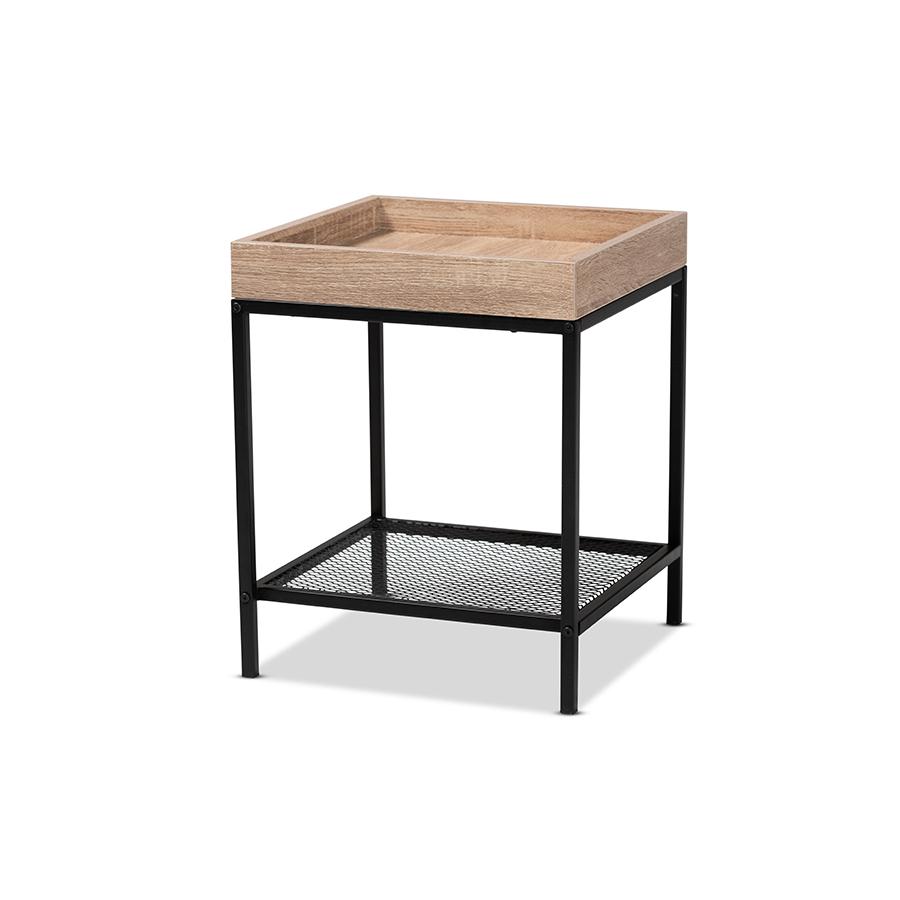 Overton Modern Industrial Oak Brown Finished Wood and Black Metal End Table