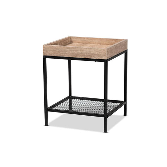 Overton Modern Industrial Oak Brown Finished Wood and Black Metal End Table