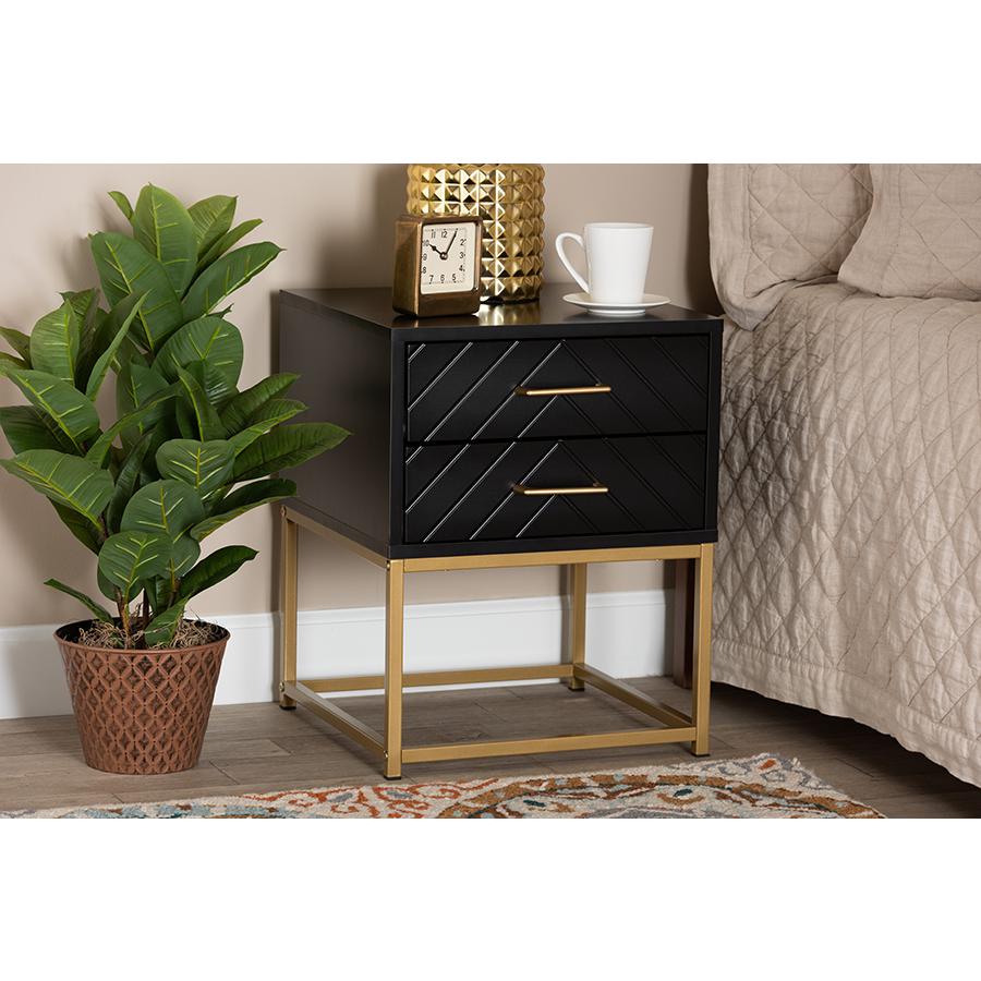 Baxton Studio Inaya Contemporary Glam and Luxe Black Finished Wood and Gold Metal 2-Drawer Nightstand