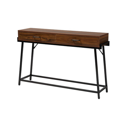 Industrial Walnut Brown Finished Wood and Black Metal 2-Drawer Console Table