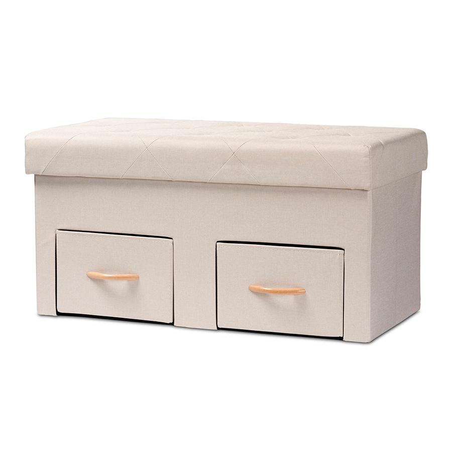 Beige Fabric Upholstered and Oak Brown Finished Wood 2-Drawer Storage Ottoman