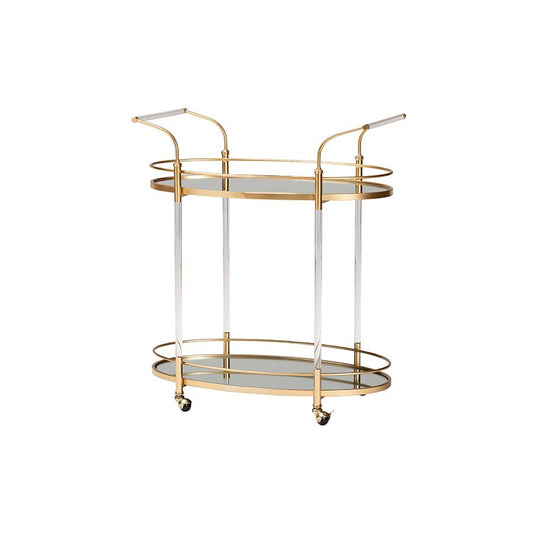 Nakano Contemporary Glam and Luxe Gold Metal and Mirrored Glass 2-Tier Wine Cart