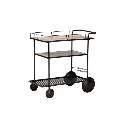 Industrial Walnut Brown Finished Wood and Black Metal Mobile Wine Cart