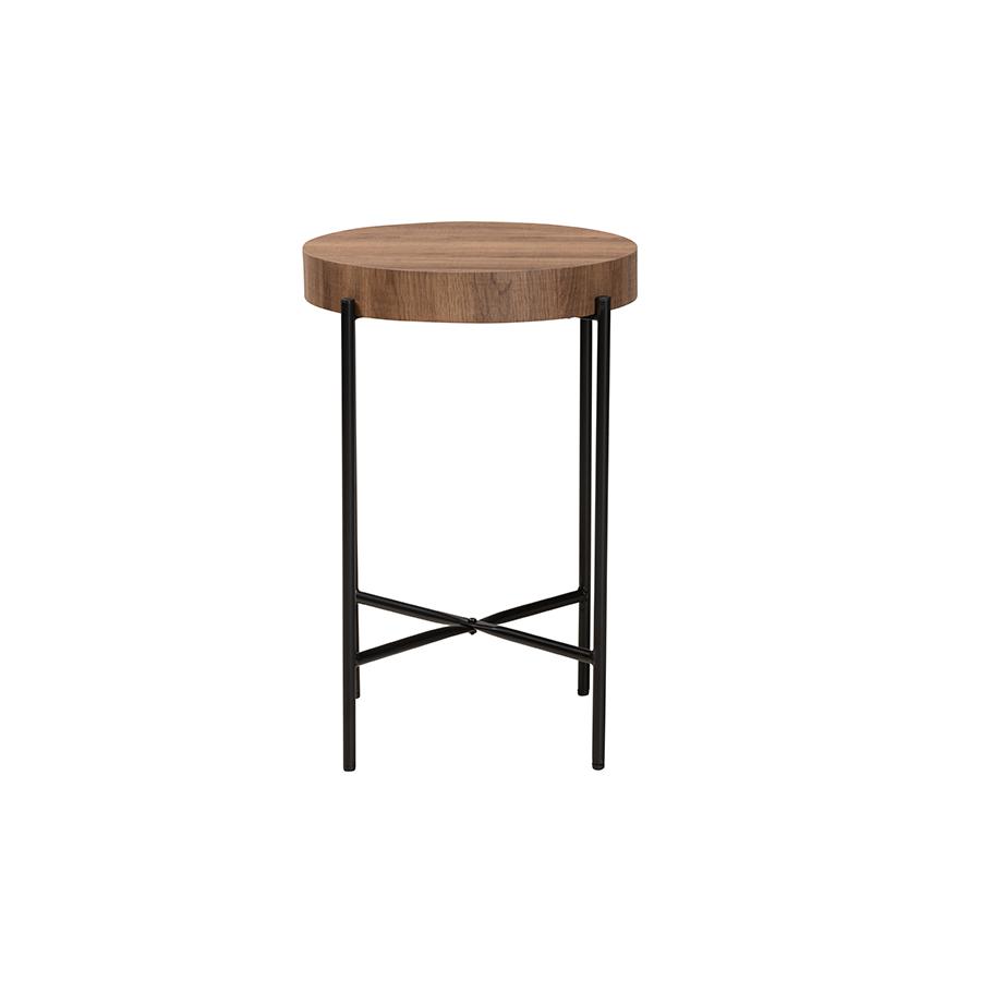 Savion Modern Industrial Walnut Brown Finished Wood and Black Metal End Table