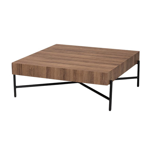 Savion Modern Industrial Walnut Brown Finished Wood and Black Metal Coffee Table