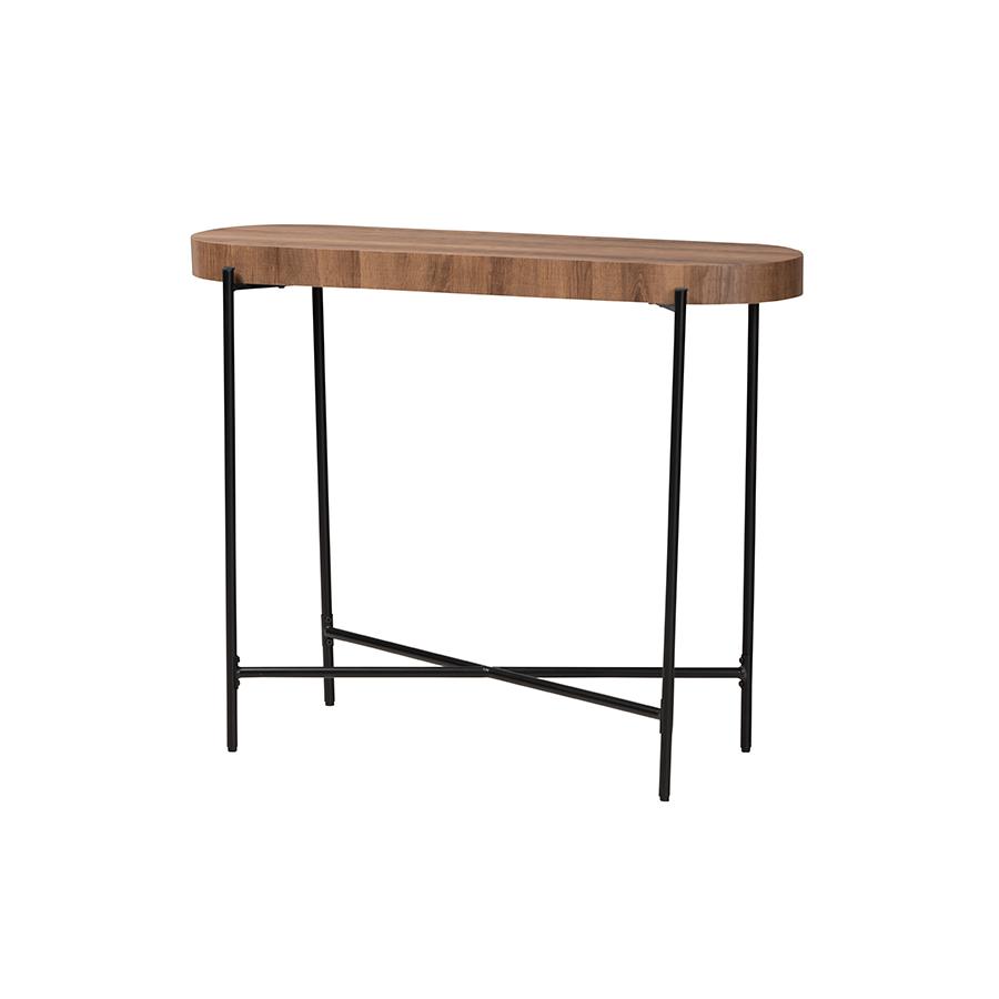 Industrial Walnut Brown Finished Wood and Black Metal Console Table