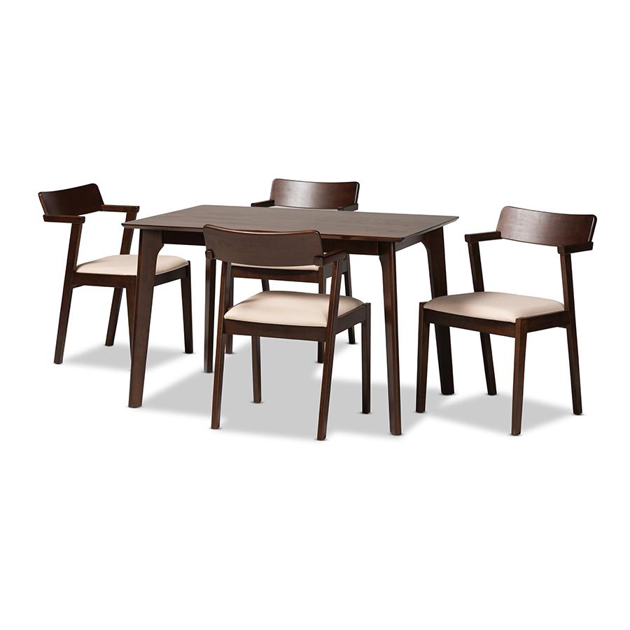 Transitional Cream Fabric and Dark Brown Finished Wood 5-Piece Dining Set