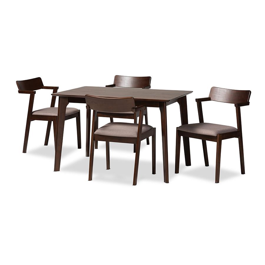 Transitional Warm Grey Fabric and Dark Brown Finished Wood 5-Piece Dining Set