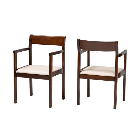 Cream Fabric and Dark Brown Finished Wood 2-Piece Dining Chair Set