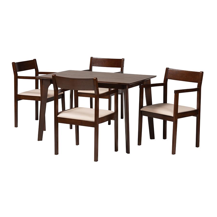 Cream Fabric and Dark Brown Finished Wood 5-Piece Dining Set