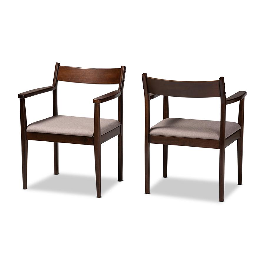 Baxton Studio Coretta Mid-Century Modern Warm Grey Fabric and Dark Brown Finished Wood 2-Piece Dining Chair Set