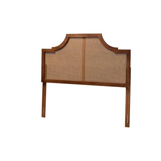 Risha Mid-Century Modern Ash Walnut Finished Wood and Rattan King Size Headboard