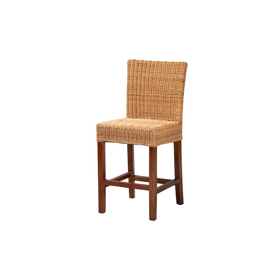 Bohemian Natural Rattan and Mahogany Wood Counter Stool