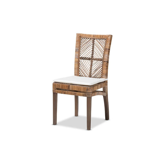 Bohemian Greywashed Natural Rattan and Mahogany Dining Chair with Cushion